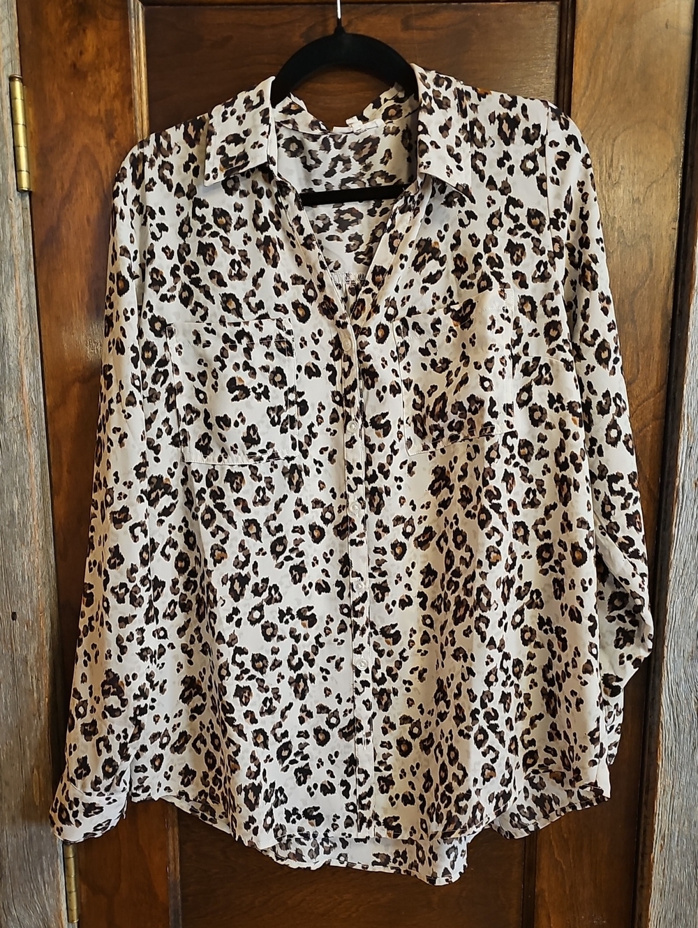 Leopard Print Button-Up Blouse - Cream & Brown